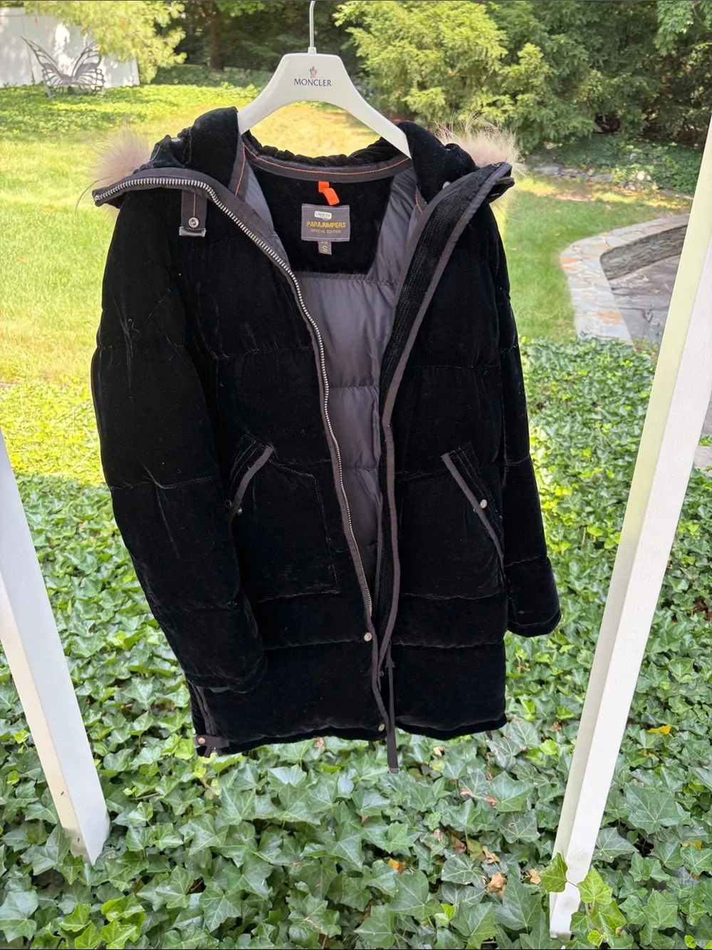 Parajumpers Warm Velvet Down Black Hooded Puffer Coat with Fur Trim